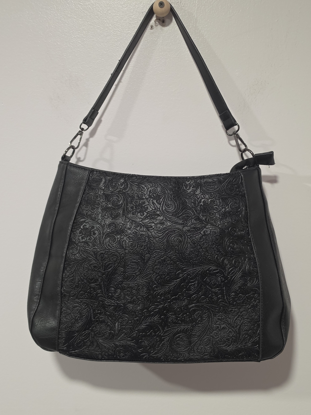 Sam & Hadley Black Leather Embossed Floral Shoulder Purse